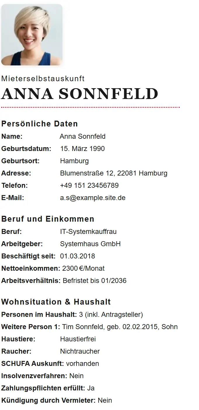 Beispiel Mieterselbstauskunft PDF